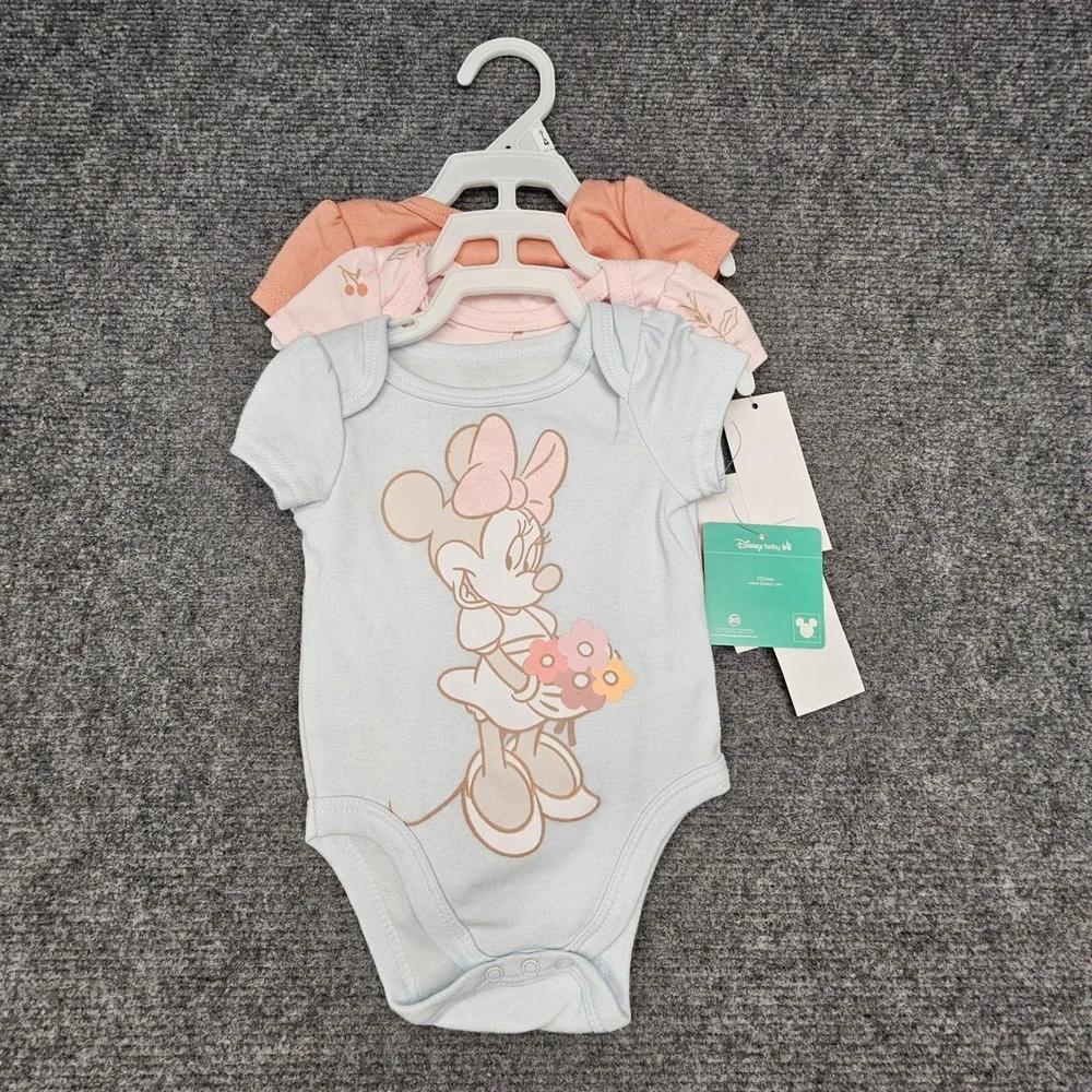 Disney Minnie Mouse Bodysuits Baby Girls 0-3M Pink Blue 3 Pack Floral NWT